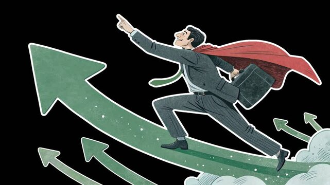 Businessman in a business suit takes off riding a green arrow. Growth concept. Empty space for text. Smooth animation on transparent background