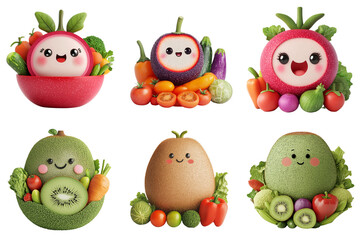 Fototapeta premium Cute and colorful cartoon fruits and vegetables with happy faces, showcasing variety of produce