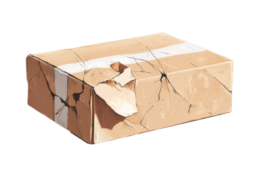 Damaged cardboard box with visible tears and crushed edges, isolated on white