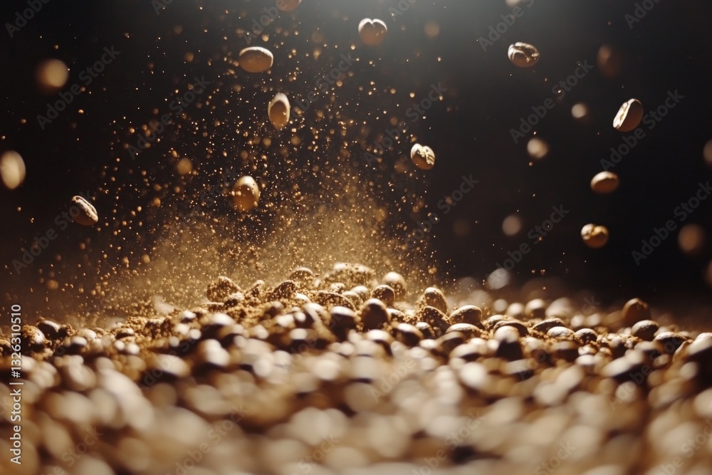 Poster Coffee beans scattering in the air creating a dynamic and energetic display at a dark background