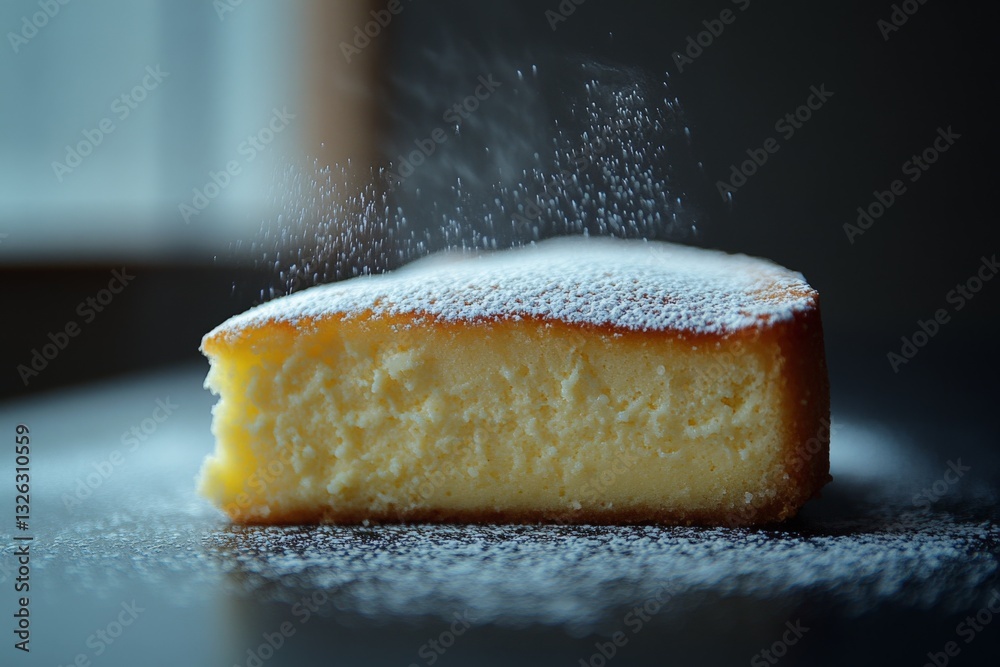 Aufkleber soft and fluffy cake dusted with powdered sugar on a wooden table near a window