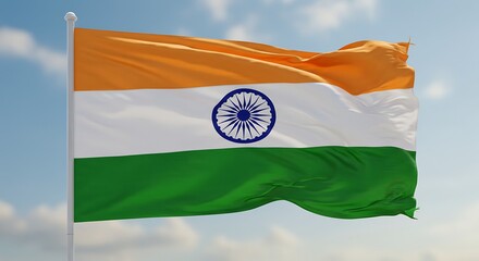 Waving Indian Flag Against a Bright Sky with Colorful Stripes