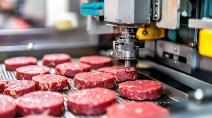 A close-up of raw meat patties being shaped by an industrial meat processing machine