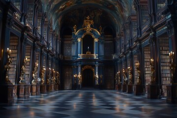 Obraz premium Impressive baroque library interior featuring ornate decorations and towering shelves of books in a majestic setting