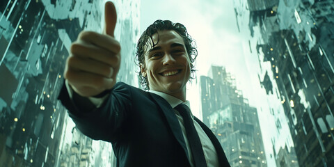 Businessman smiles and gives thumbs up in modern city setting with mirrored buildings. Header banner mockup with copy space.