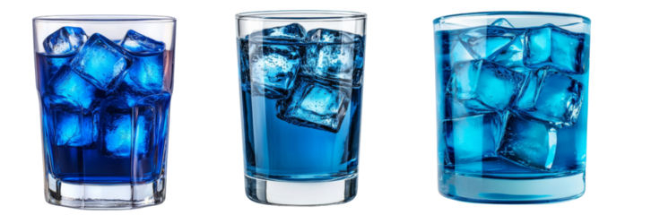 Refreshing blue drinks with ice cubes in various glass styles