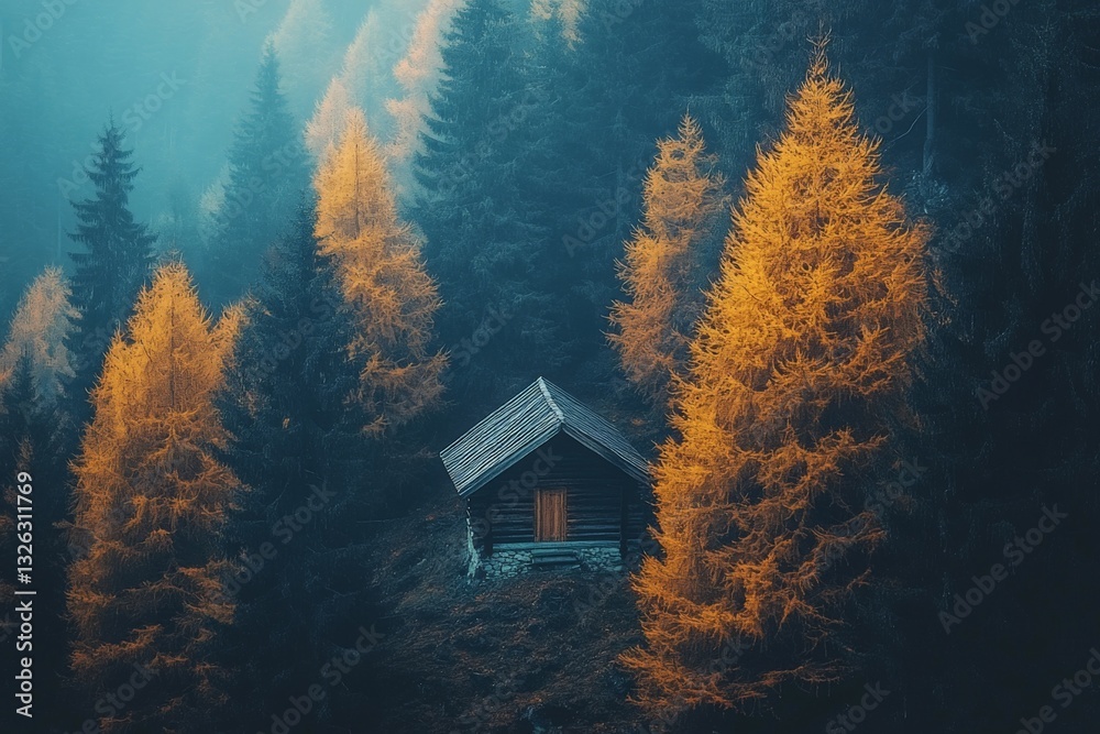 Poster lonely cabin nestled among vibrant autumn trees in a tranquil forest setting during early morning li