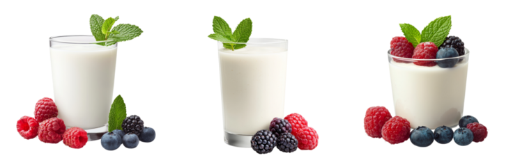 Fresh milk with berries and mint leaves in glasses