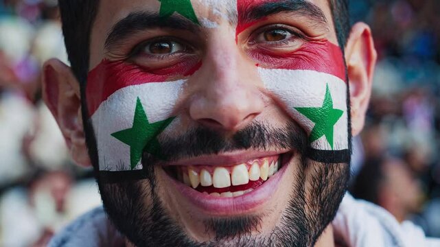 Smiling Syrian sports fan with vibrant flag face paint at a stadium event  
