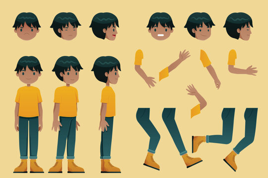 Teenager Boy 2D Character with Cut-out Poses & Customizable Body Parts for Animation (EPS)