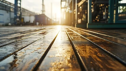 Obraz premium The image features a wooden deck reflecting sunlight, with industrial structures visible in the background. Concept Wooden Deck, Sunlight Reflection, Industrial Background, Urban Landscape