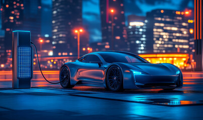 Fototapeta premium a futuristic electric car charging in the city at night.
