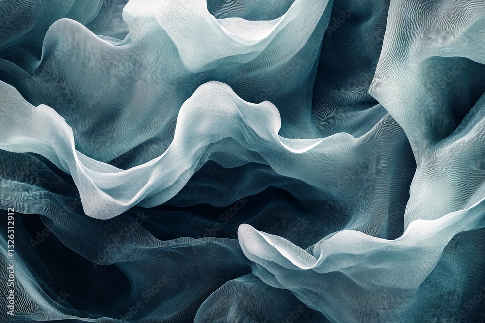 Poster swirling fabric textures create a serene atmosphere with soft shades of blue and white in a tranquil