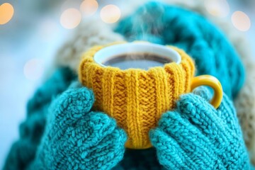 Warm cup of coffee held in cozy knitted gloves on a chilly day in winter