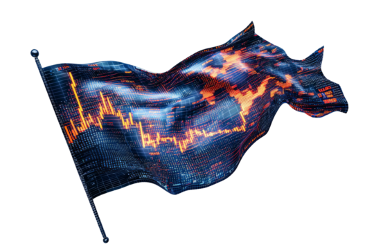 flag of a major economy merged with futuristic digital stock market data, representing AI-driven trading