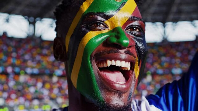 Proud Tanzanian sports fan with bold flag face paint at a stadium event  
