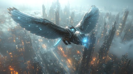 Fototapeta premium A robotic griffin with sleek silver plating, glowing blue LED veins, and cybernetic wings hovering over a sci-fi metropolis