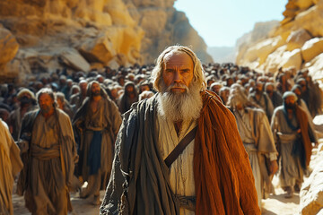 Moses leading the Jewish people through the desert in a quest for freedom
