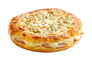 Croque Monsieur sandwich in French style with melted cheese and ham, golden and crispy, isolated on white background