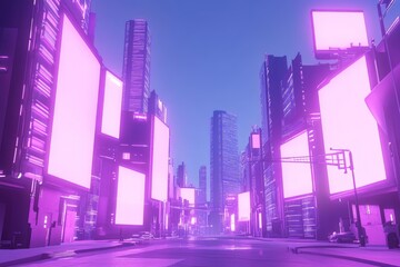 Vibrant urban landscape featuring glowing billboards in a futuristic city at dusk