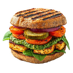 Gluten-free sandwich with grilled tofu, roasted vegetables, and vegan pesto, served on an almond flour bun, white background