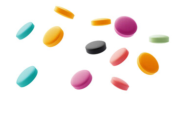Fototapeta premium Assorted pharmaceutical pills in vibrant colors, levitating at different angles, isolated on a white background