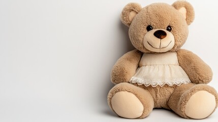 Obraz premium Cute teddy bear sitting against a plain background, showcasing soft fur and a sweet expression while wearing a charming dress