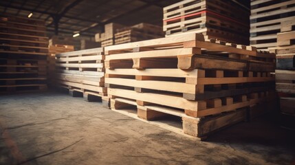 Stack of lumber in sunlit warehouse environment. Artificial Intelligence image