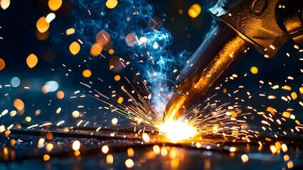 A close-up of welding, featuring sparks and smoke emitted from the welding process, creating an intense visual effect. Concept Welding Close-Up, Sparks and Smoke Effect, Intense Visuals
