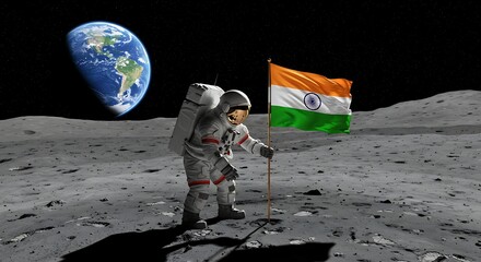 Astronaut Planting Indian Flag on Lunar Surface with Earth in Background