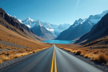 Asphalt Path to a Serene Glacial Lake Nestled Amidst Majestic Snow-Capped Peaks
