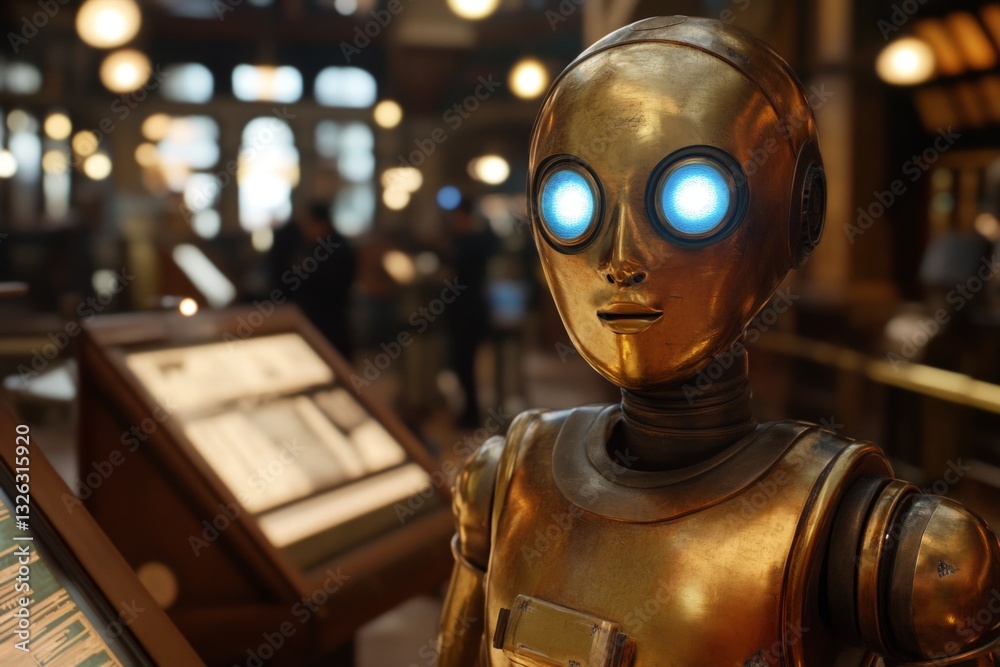 Poster robotic figure stands in an interactive exhibit at a science museum showcasing technology and innova