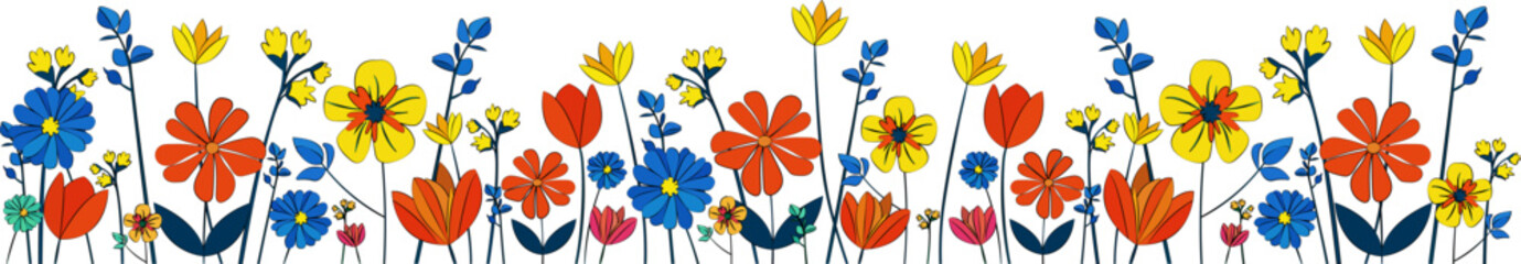 Vector floral border, colorful spring summer flowers, isolated botanical elements, hand drawn, natural decoration, bright colors for postcards textile web design