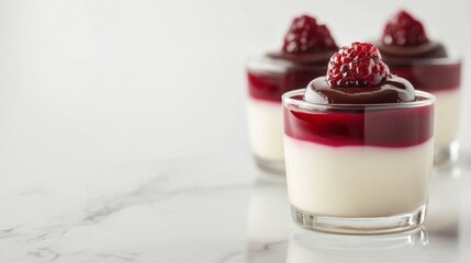 Three small glasses of dessert with a raspberry on top