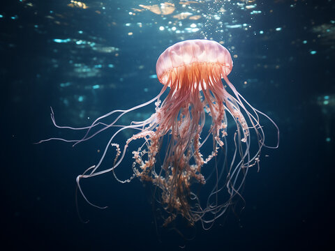 Box jellyfish pulsing with long tentacles in clear water surrounding its deadly yet beautiful form