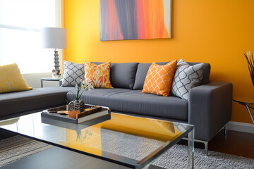 A contemporary living room sitting area with a sleek gray couch, a glass coffee table, and vibrant yellow walls in the background.
