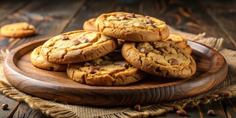 Obraz premium Warmly lit cookie arrangement with golden brown edges and gooey center on rustic wooden plate , cookies, closeup