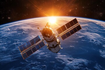 Satellite orbits Earth as the sun rises over the horizon creating a breathtaking view in the cosmos