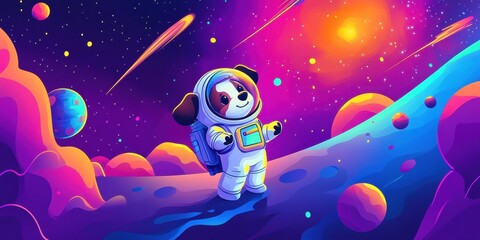 Naklejka premium An astronaut dog is exploring the colorful cosmic outer space