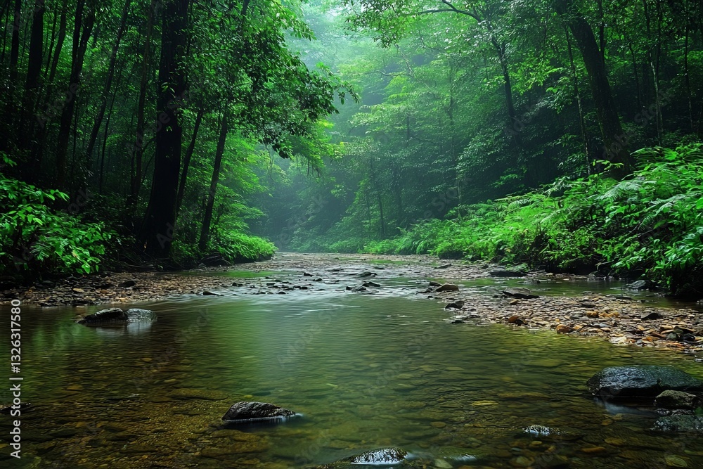 Poster Lush green forest with a serene stream under a misty atmosphere in a tranquil natural setting