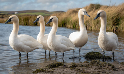 Obraz premium Serene Swan Ensemble by the Lake: Five graceful white swans stand elegantly near the tranquil water's edge, their forms reflecting the calm of their surroundings.