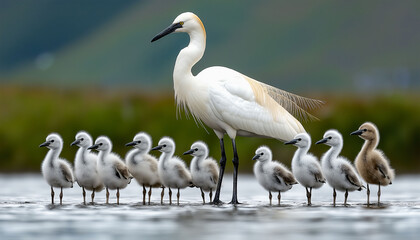 Fototapeta premium Egret Family Portrait: A majestic egret stands proudly with its numerous fluffy chicks, forming a heartwarming family portrait, surrounded by a serene wetland environment
