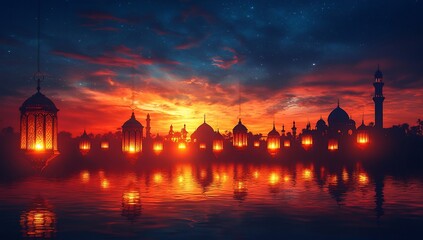 Obraz premium Ramadan lanterns light city skyline at dusk reflecting in river, for greeting