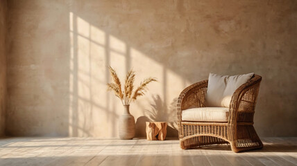 Blank beige wall mockup in boho room interior