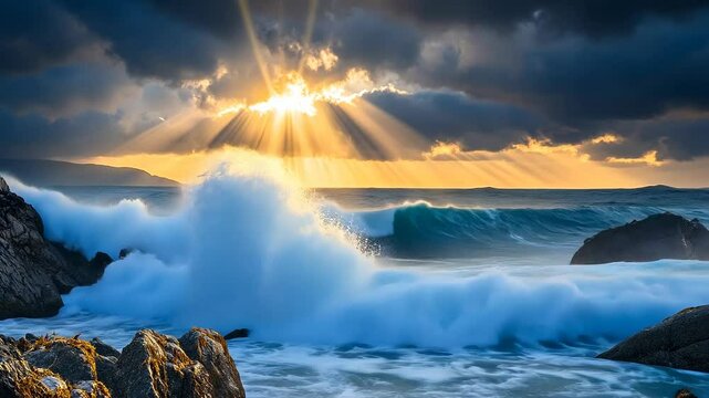Waves crashing against rocks under a dramatic sunset with rays of light breaking through dark clouds over the ocean