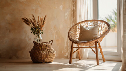 Blank beige wall mockup in boho room interior