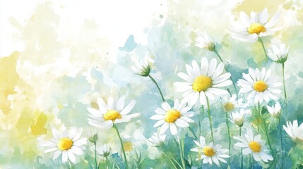 Obraz premium Spring watercolor painting of white daisies against a soft abstract background highlighting the essence of blooming flowers