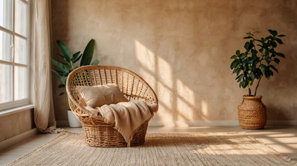Blank beige wall mockup in boho room interior