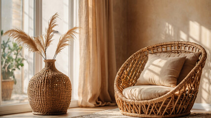 Blank beige wall mockup in boho room interior
