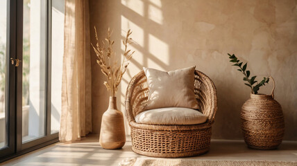 Blank beige wall mockup in boho room interior